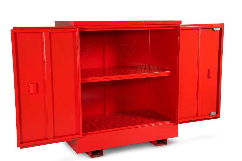 A steel Armorgard lockable flammable-liquids storage cabinet with double doors and sump containment, for safely storing hazardous substances on site.