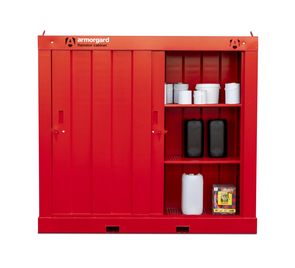 A steel Armorgard lockable flammable-liquids storage cabinet with double doors and sump containment, for safely storing hazardous substances on site.