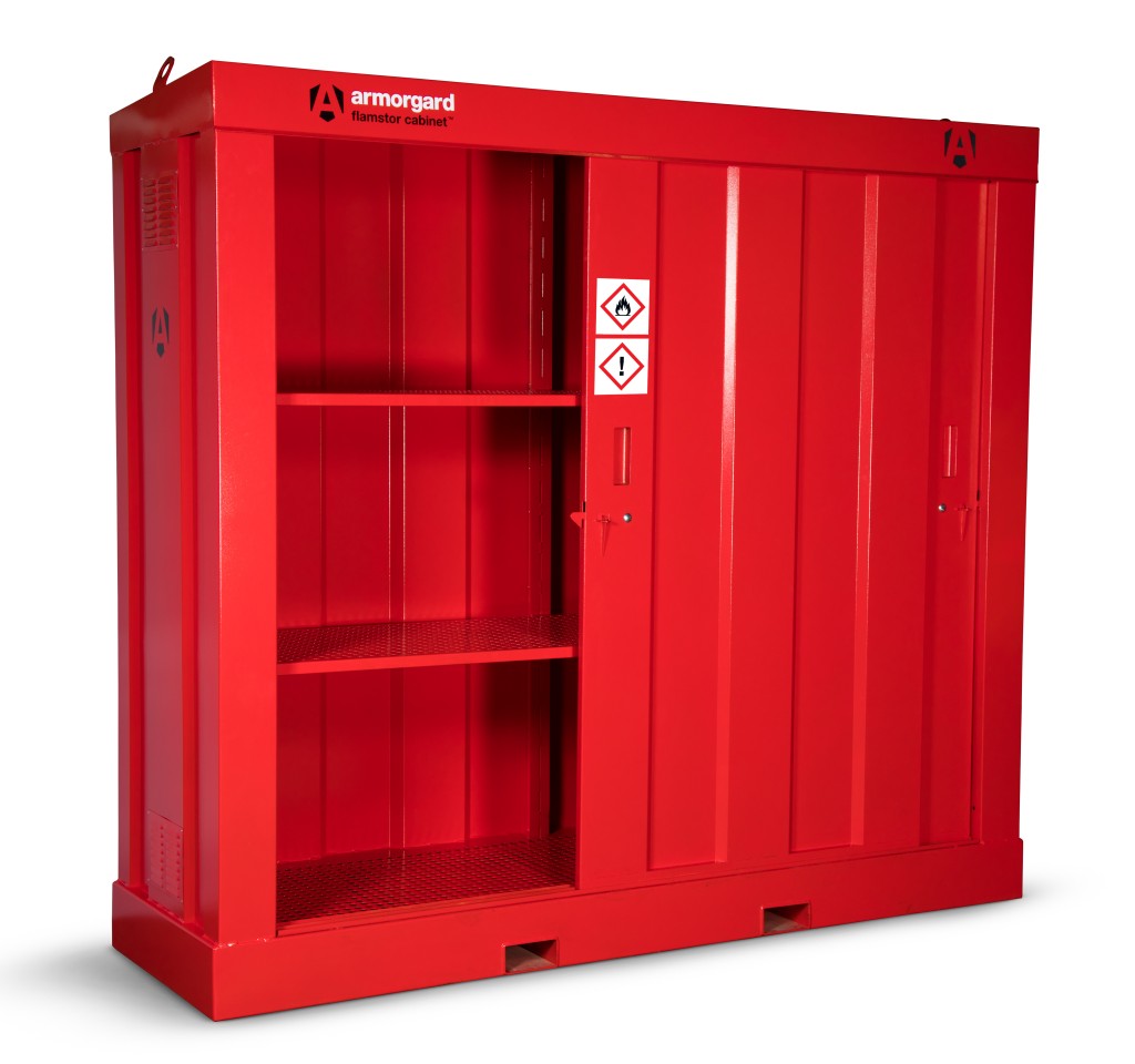 A steel Armorgard lockable flammable-liquids storage cabinet with double doors and sump containment, for safely storing hazardous substances on site.