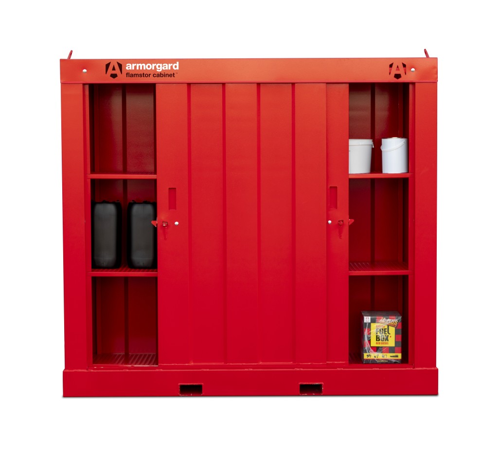 A steel Armorgard lockable flammable-liquids storage cabinet with double doors and sump containment, for safely storing hazardous substances on site.