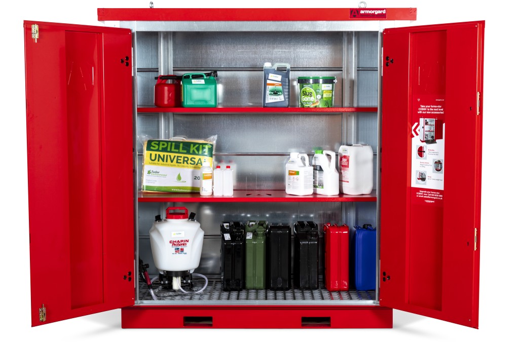 A steel Armorgard heavy-duty site storage unit with a steel construction, secure locking, and a load-rated base.