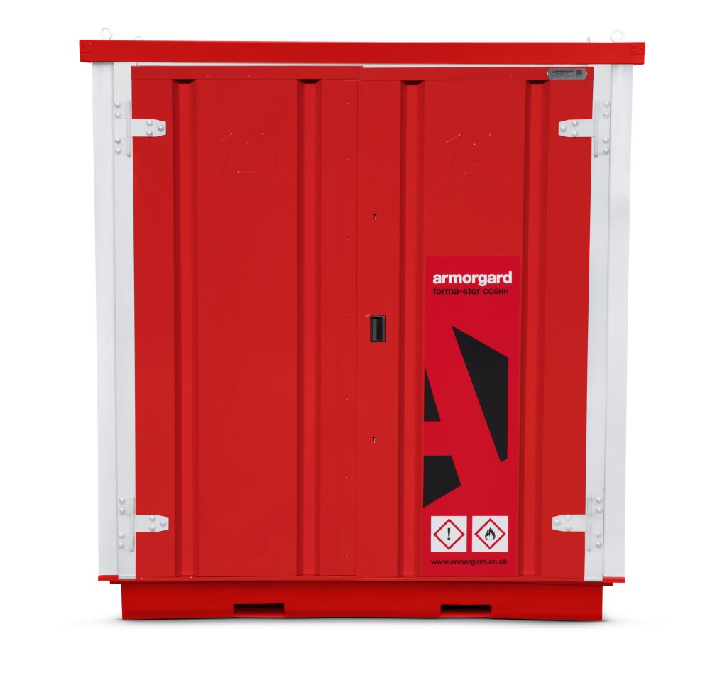 A steel Armorgard heavy-duty site storage unit with a steel construction, secure locking, and a load-rated base.