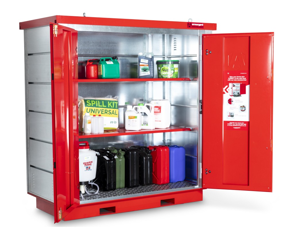 A steel Armorgard heavy-duty site storage unit with a steel construction, secure locking, and a load-rated base.