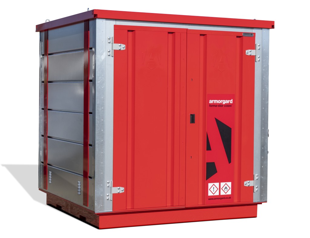 A steel Armorgard heavy-duty site storage unit with a steel construction, secure locking, and a load-rated base.