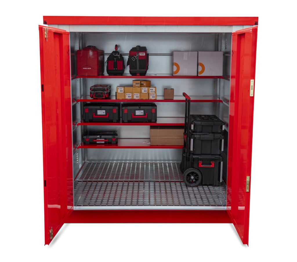 A steel Armorgard heavy-duty site storage unit with a steel construction, secure locking, and a load-rated base.