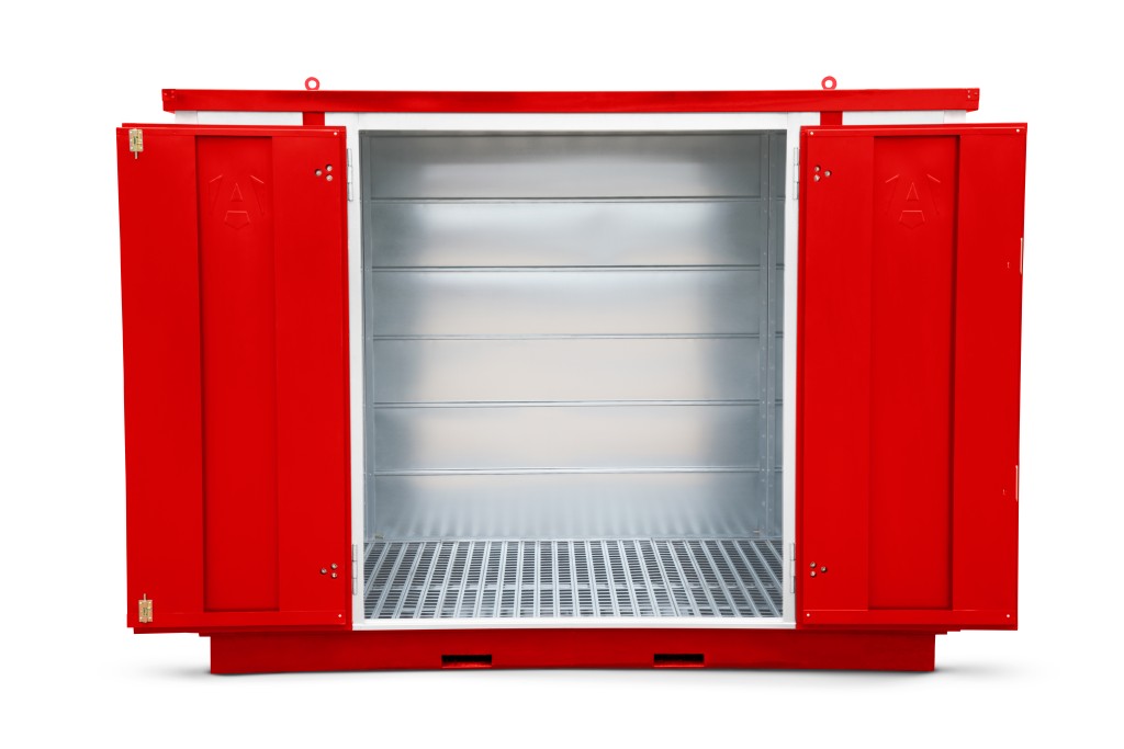 A steel Armorgard heavy-duty site storage unit with a steel construction, secure locking, and a load-rated base.