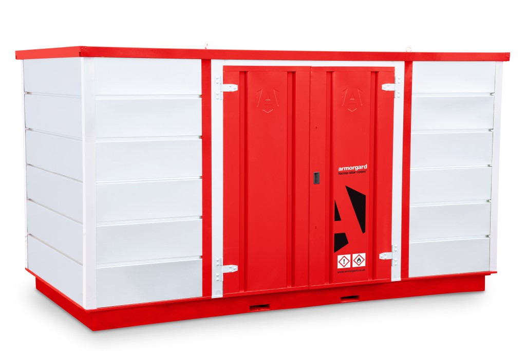A steel Armorgard heavy-duty site storage unit with a steel construction, secure locking, and a load-rated base.