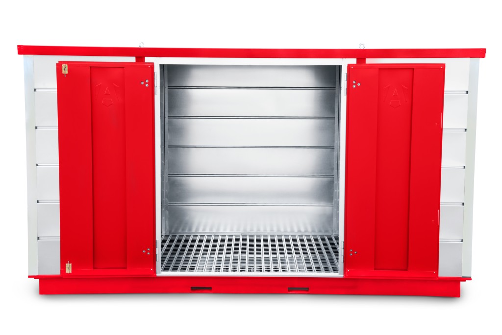 A steel Armorgard heavy-duty site storage unit with a steel construction, secure locking, and a load-rated base.
