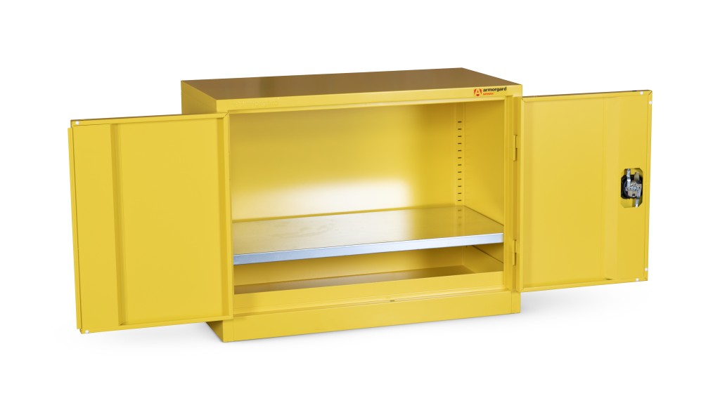 A steel Armorgard lockable flammable-liquids storage cabinet with double doors and sump containment, for safely storing hazardous substances on site.