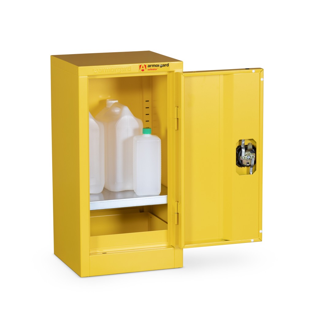 A steel Armorgard lockable flammable-liquids storage cabinet with double doors and sump containment, for safely storing hazardous substances on site.
