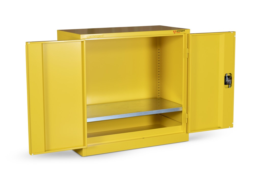 A steel Armorgard lockable flammable-liquids storage cabinet with double doors and sump containment, for safely storing hazardous substances on site.