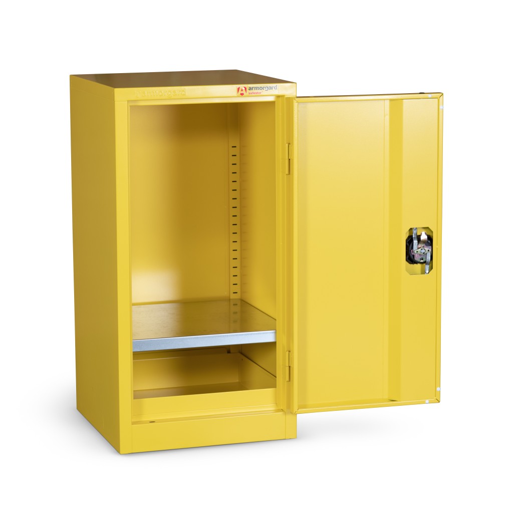 A steel Armorgard lockable flammable-liquids storage cabinet with double doors and sump containment, for safely storing hazardous substances on site.
