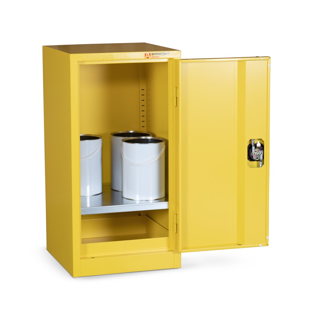 A steel Armorgard lockable flammable-liquids storage cabinet with double doors and sump containment, for safely storing hazardous substances on site.