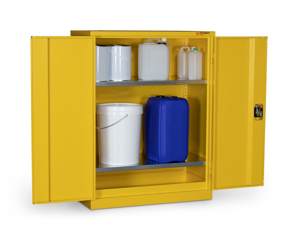 A steel Armorgard lockable flammable-liquids storage cabinet with double doors and sump containment, for safely storing hazardous substances on site.