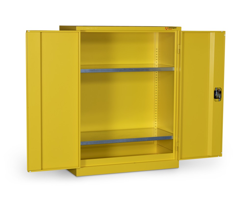 A steel Armorgard lockable flammable-liquids storage cabinet with double doors and sump containment, for safely storing hazardous substances on site.