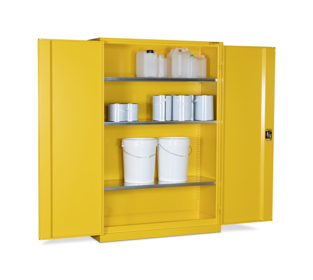 A steel Armorgard lockable flammable-liquids storage cabinet with double doors and sump containment, for safely storing hazardous substances on site.