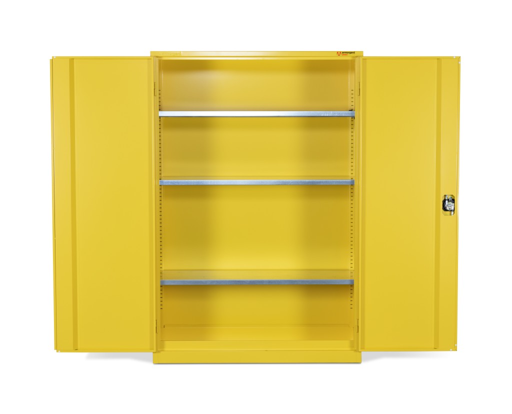 A steel Armorgard lockable flammable-liquids storage cabinet with double doors and sump containment, for safely storing hazardous substances on site.