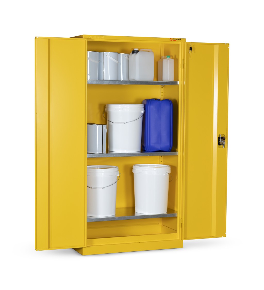 A steel Armorgard lockable flammable-liquids storage cabinet with double doors and sump containment, for safely storing hazardous substances on site.