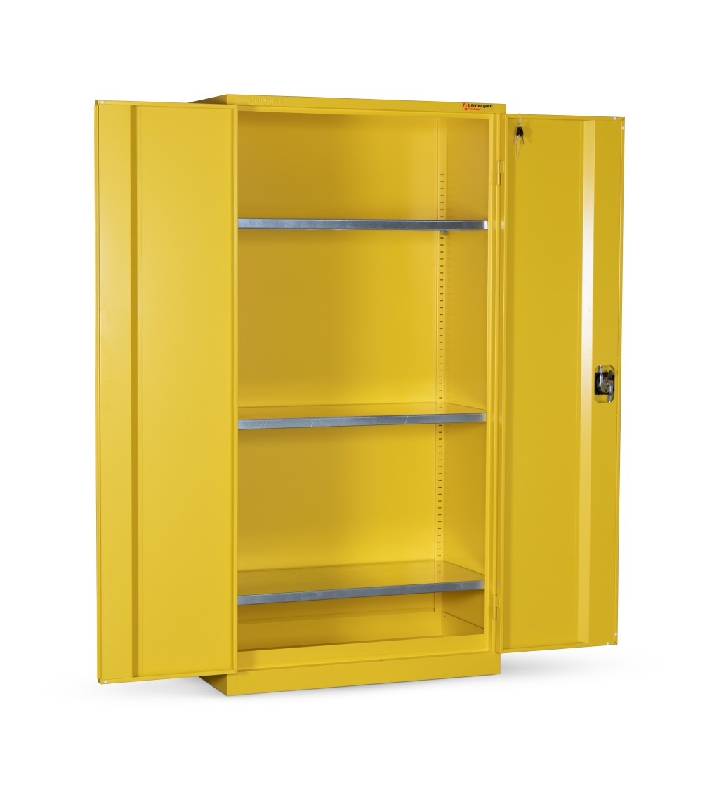 A steel Armorgard lockable flammable-liquids storage cabinet with double doors and sump containment, for safely storing hazardous substances on site.