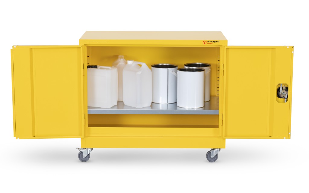 A steel Armorgard lockable flammable-liquids storage cabinet with double doors and sump containment, for safely storing hazardous substances on site.