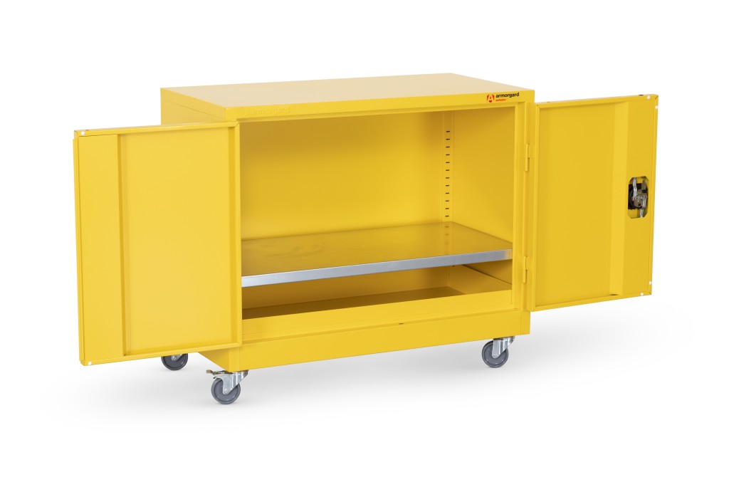 A steel Armorgard lockable flammable-liquids storage cabinet with double doors and sump containment, for safely storing hazardous substances on site.