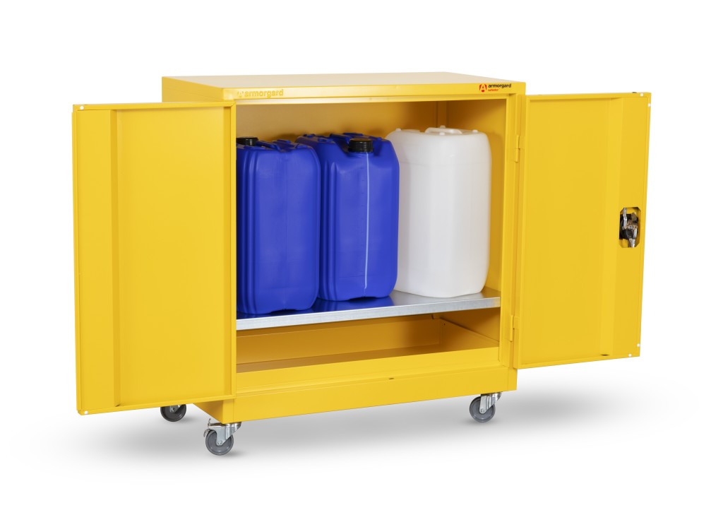 A steel Armorgard lockable flammable-liquids storage cabinet with double doors and sump containment, for safely storing hazardous substances on site.