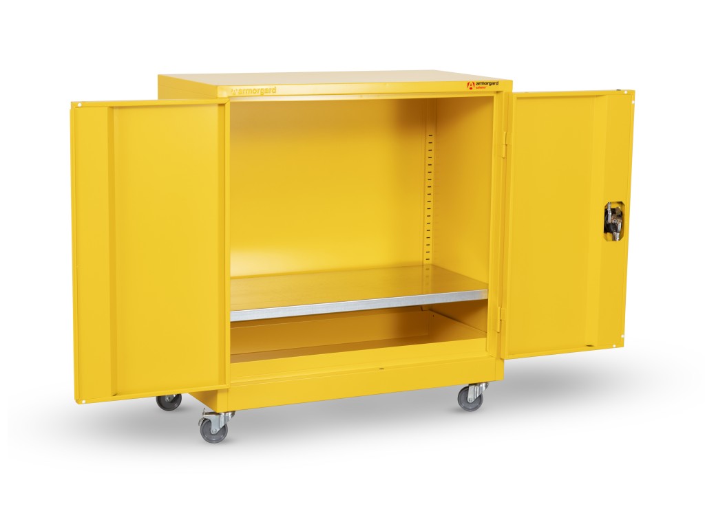 A steel Armorgard lockable flammable-liquids storage cabinet with double doors and sump containment, for safely storing hazardous substances on site.