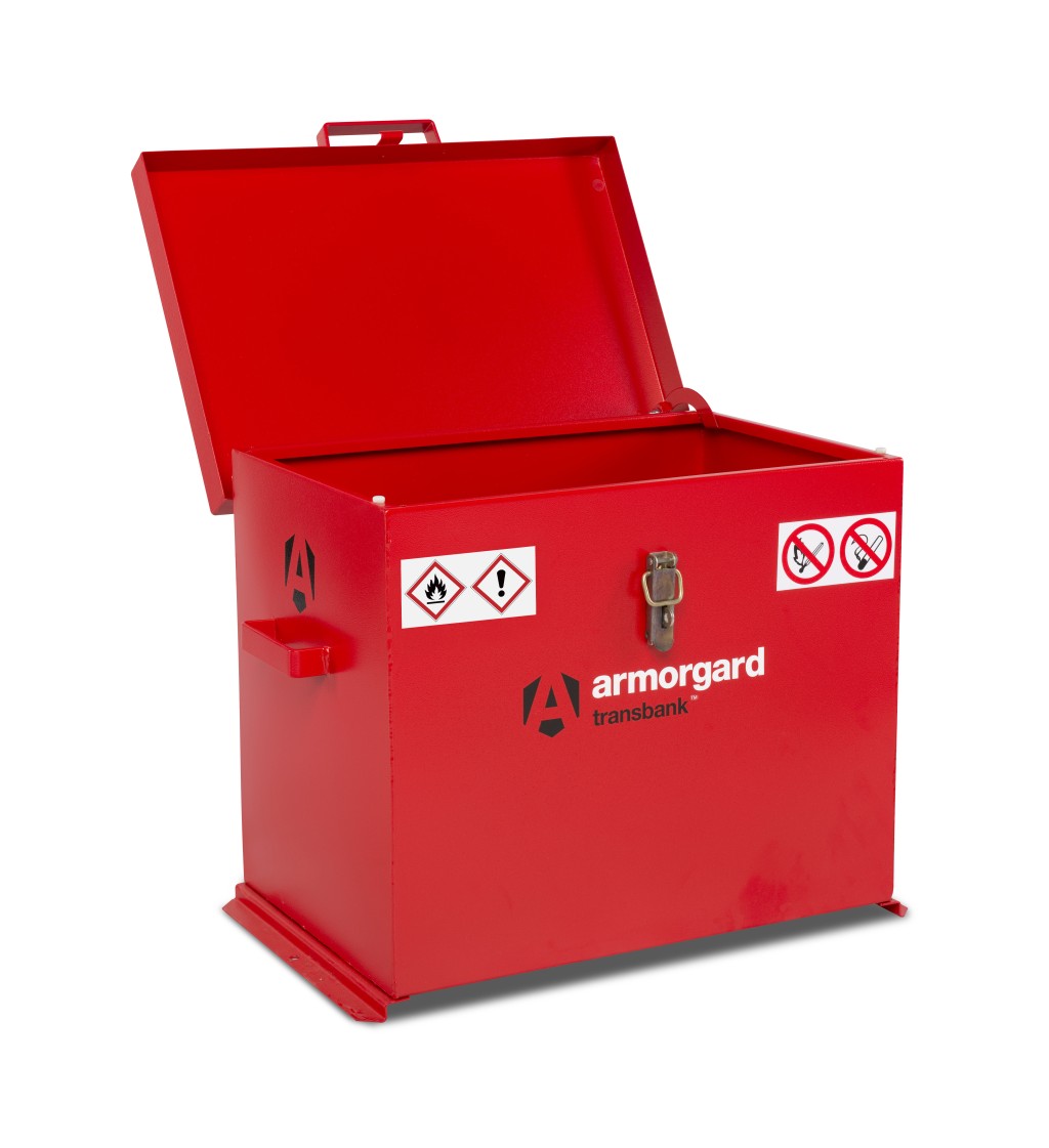 A steel Armorgard heavy-duty site storage unit with a steel construction, secure locking, and a load-rated base.
