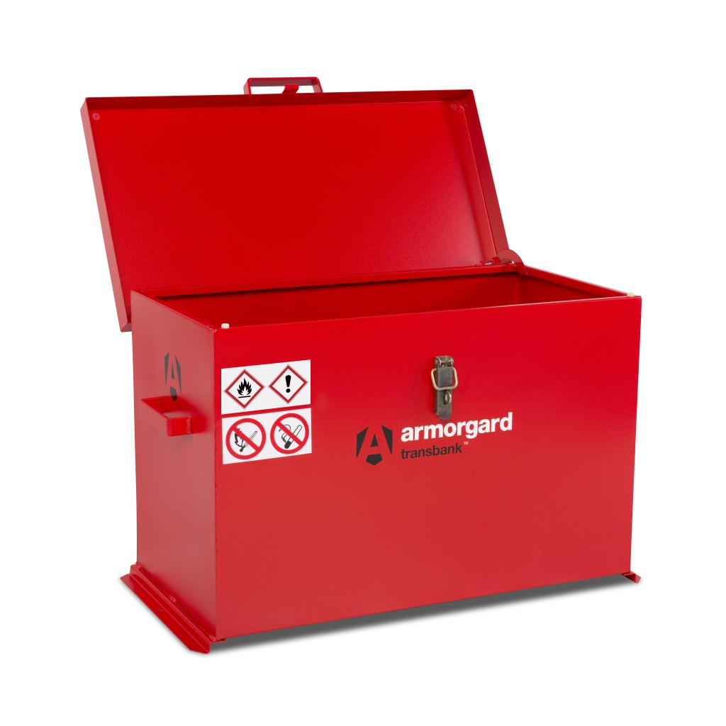 A steel Armorgard heavy-duty site storage unit with a steel construction, secure locking, and a load-rated base.