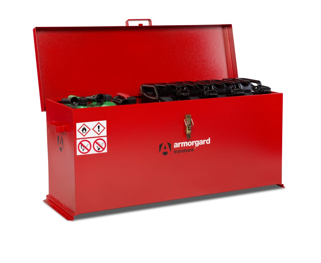A steel Armorgard heavy-duty site storage unit with a steel construction, secure locking, and a load-rated base.