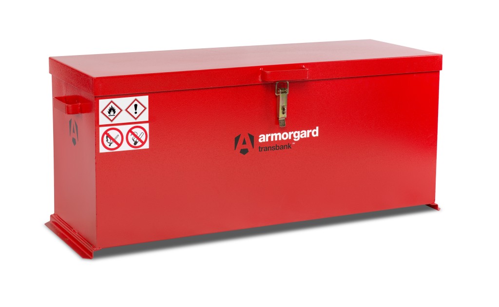 A steel Armorgard heavy-duty site storage unit with a steel construction, secure locking, and a load-rated base.