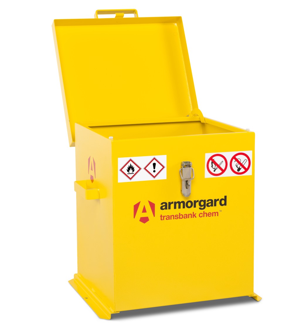 A steel Armorgard heavy-duty site storage unit with a steel construction, secure locking, and a load-rated base.