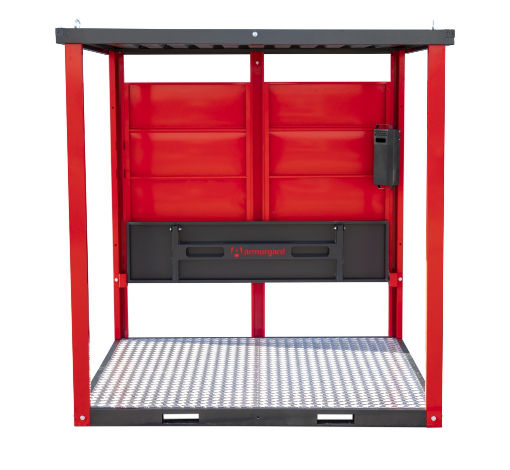 A steel Armorgard heavy-duty site storage unit with a steel construction, secure locking, and a load-rated base.