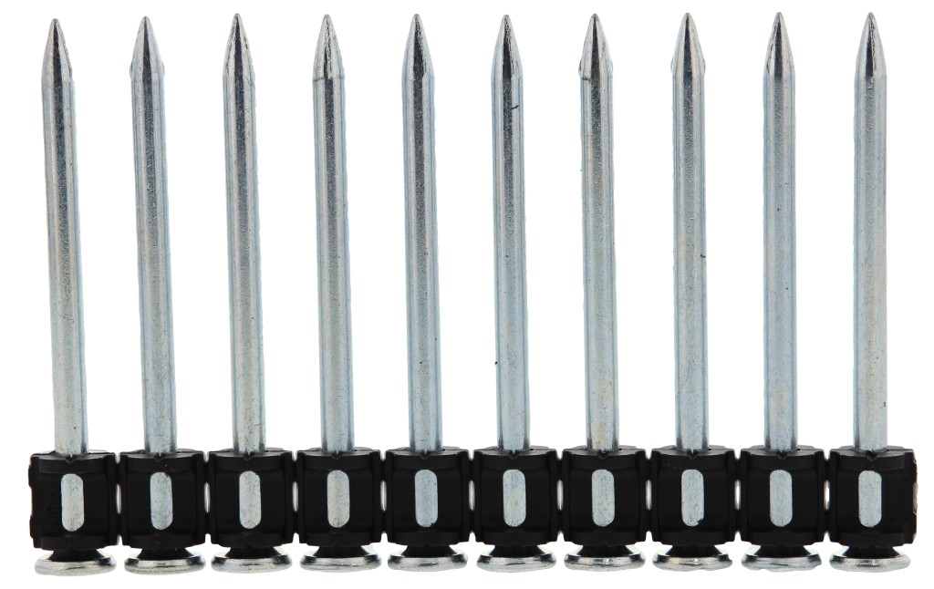 Ten metal nails with pointed tips are aligned vertically in a row, connected at the bottom by black plastic fasteners.