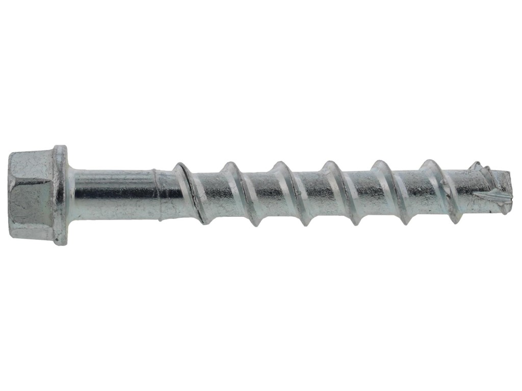 A metal concrete screw anchor with a hex head with a partially threaded shaft and a drill point tip, designed for direct fixing into pre-drilled holes in concrete or masonry.