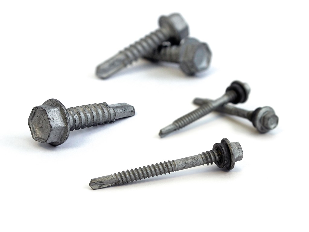 A steel self-drilling screw with a sharp drill-point tip and spiral threads along the shaft, suitable for fixing into steel framing.