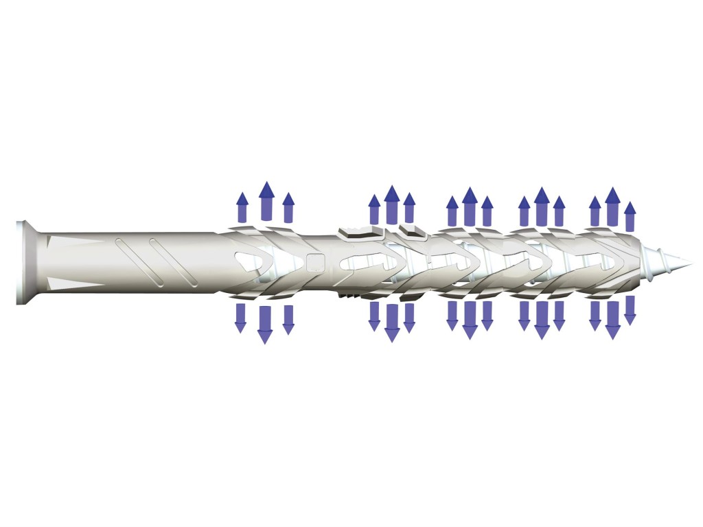 A nylon frame anchor with a countersunk head and nylon expansion plug, designed for securing window and door frames to masonry walls.
