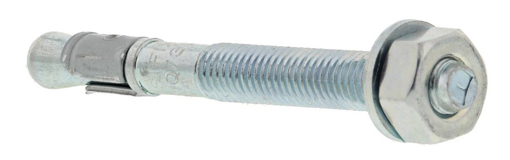 A metal through bolt anchor with a hex nut and washer, featuring a threaded shaft and expansion sleeve, designed for securing heavy loads to concrete or masonry surfaces.