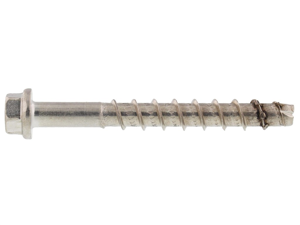 An A4 stainless steel 8×80mm hex head masonry screw with a specially hardened thread, designed for direct fixing into concrete, brick, and block without a plug.