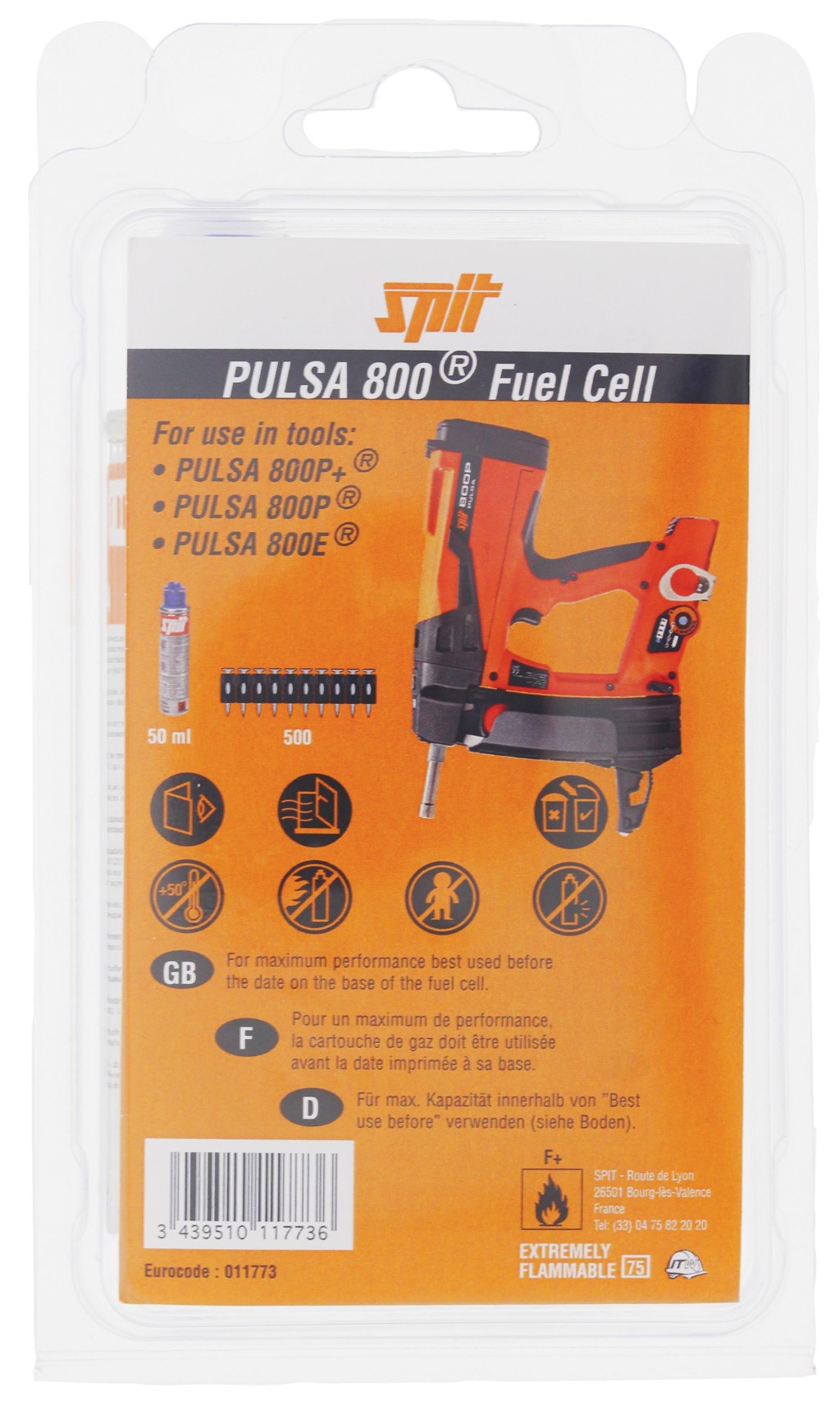 An orange and black Spit cordless power tool, with an ergonomic grip, designed for use on construction and maintenance tasks.