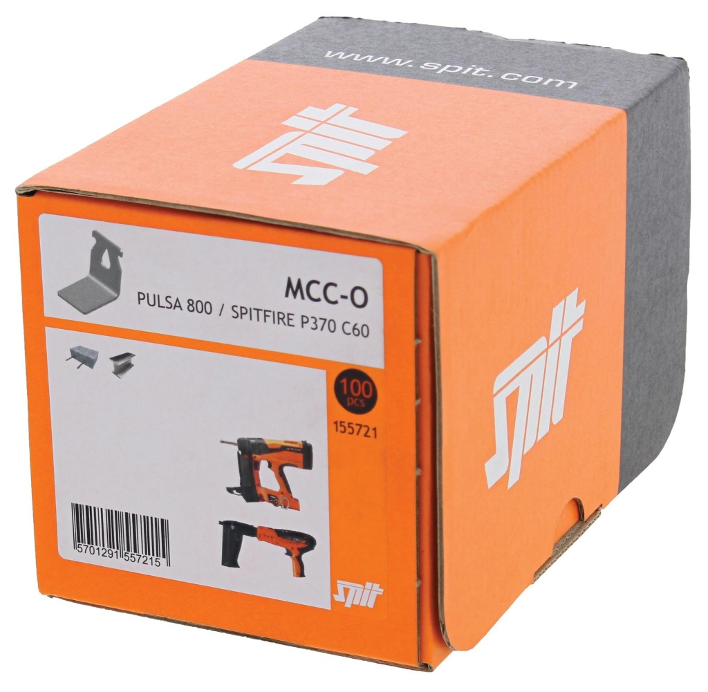 An orange and black Spit cordless power tool, with an ergonomic grip, designed for use on construction and maintenance tasks.