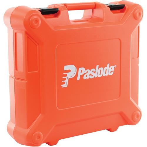 An orange and black Paslode cordless power tool, with an ergonomic grip, designed for use on construction and maintenance tasks.
