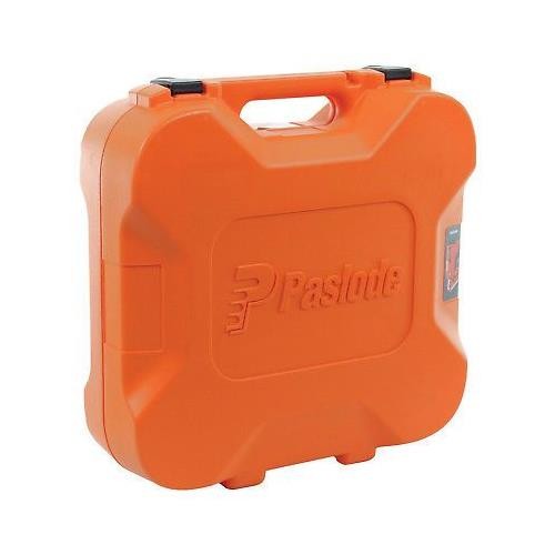 A Paslode cordless stapler with a magazine feed and safety tip, for fastening materials using heavy-duty staples.