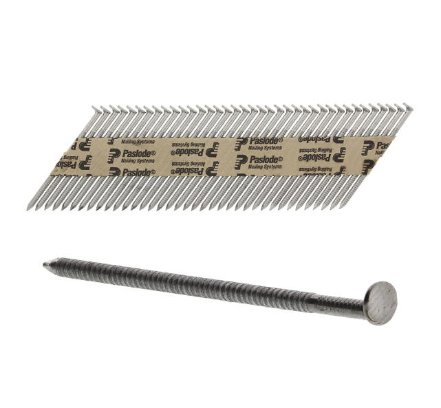 An A4 stainless steel ring-shank nail with annular rings along the shaft for enhanced withdrawal resistance in timber framing.,