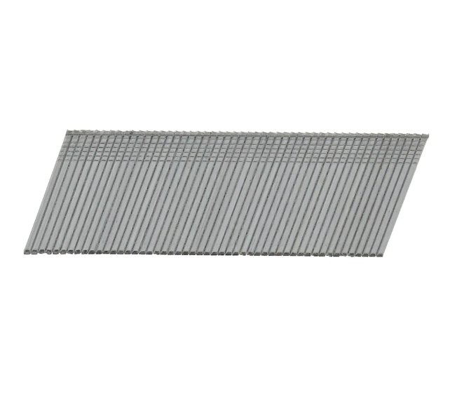 A strip of collated galvanised framing nails with angled tips, connected in a paper or plastic tape strip for use in a nail gun.