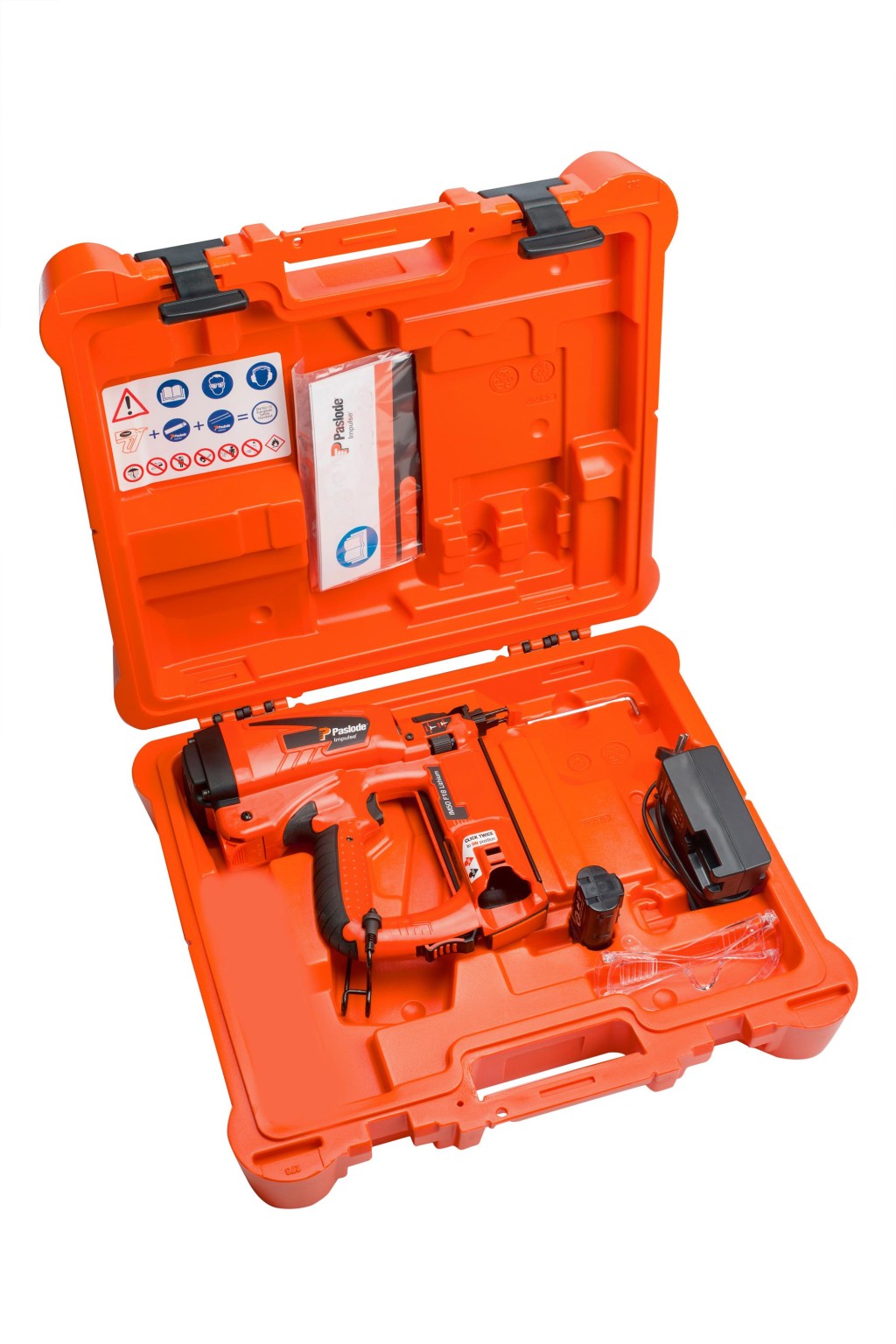 A Paslode cordless stapler with a magazine feed and safety tip, for fastening materials using heavy-duty staples.