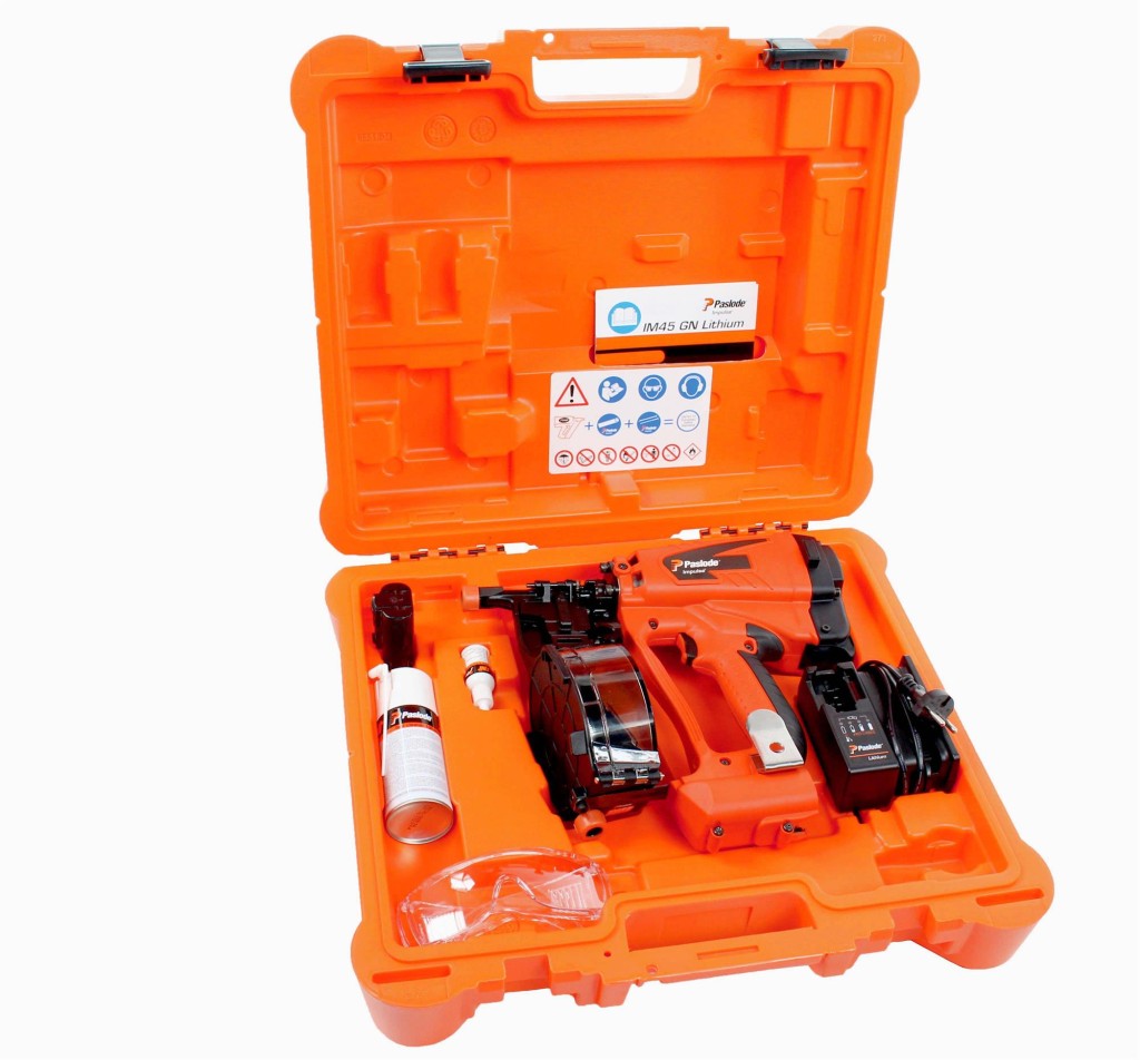 An orange and black Paslode cordless brad nailer with an angled magazine, designed for driving fine brad nails in trim and finish carpentry.