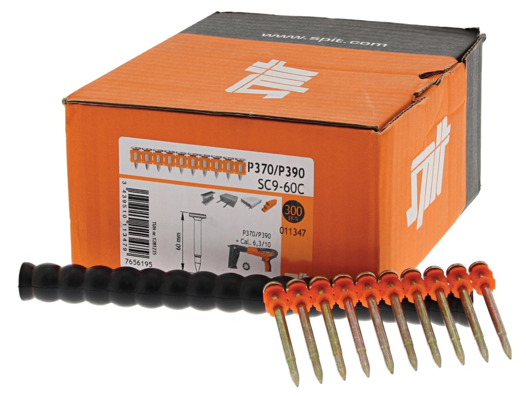 An orange and black Spit cordless power tool, with an ergonomic grip, designed for use on construction and maintenance tasks.