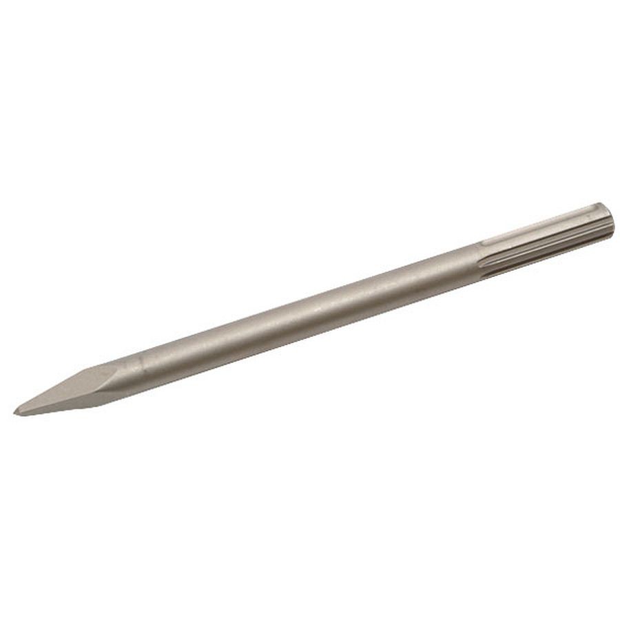 A hardened steel SDS demolition chisel with a wide flat blade, designed for use with SDS rotary hammers to break out tiles, mortar, and concrete.