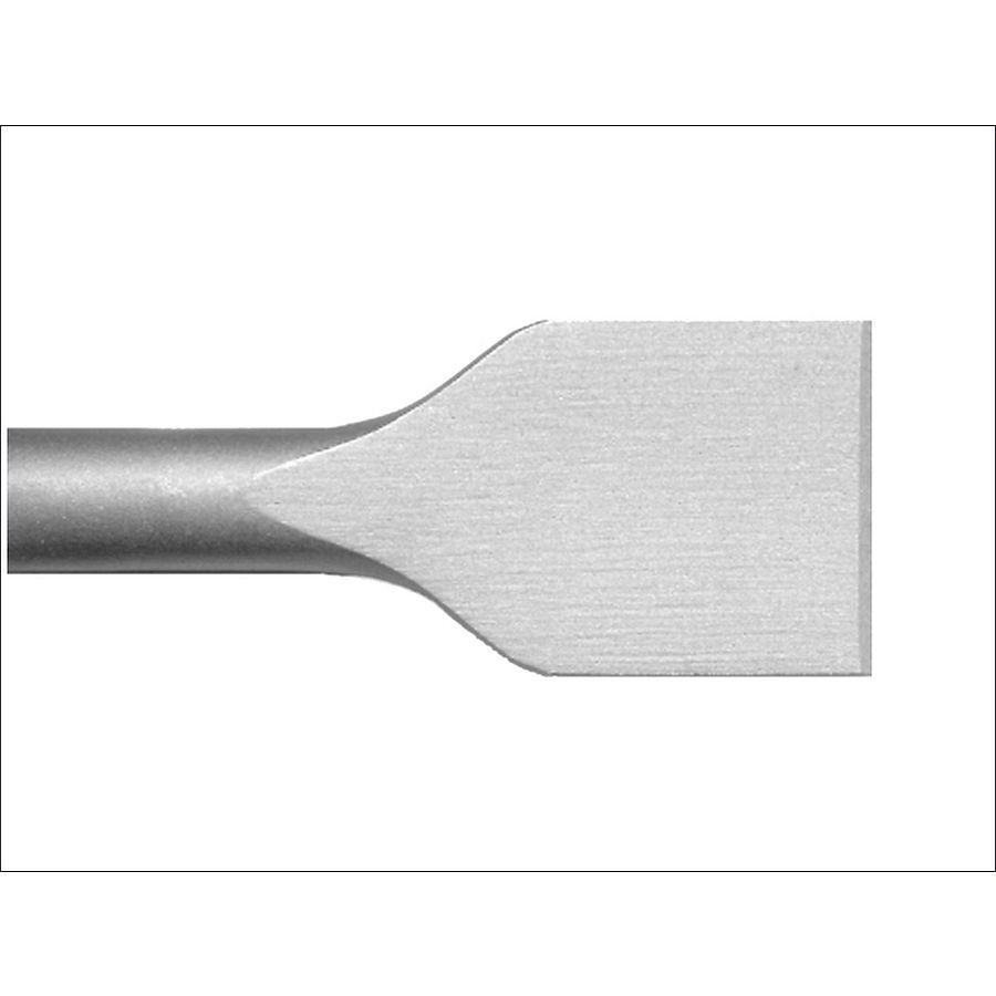 A hardened steel SDS demolition chisel with a wide flat blade, designed for use with SDS rotary hammers to break out tiles, mortar, and concrete.